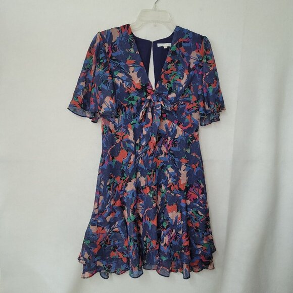 Harlyn Dress Womens M Blue Metallic Abstract Ruffled Lined V-Neck Flutter Sleeve - Picture 2 of 16